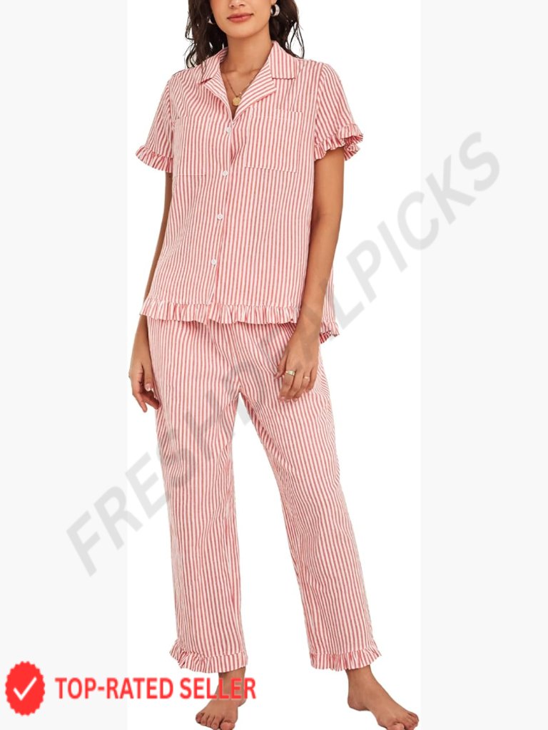 Striped Cotton Button Down Pajama Set Short Sleeve Ruffle Pants 2 Piece Lounge